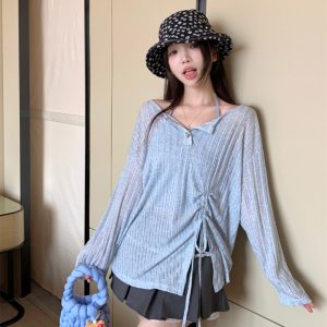 Blue Long Sleeve Knit Drawstring Top and Cami Skirt Three-Piece Set