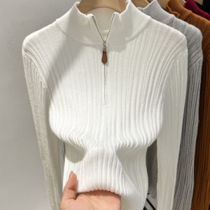 Women's Retro Ribbed Half Turtleneck Knit Top with Zip Flap Collar Slim Fit Base Layer