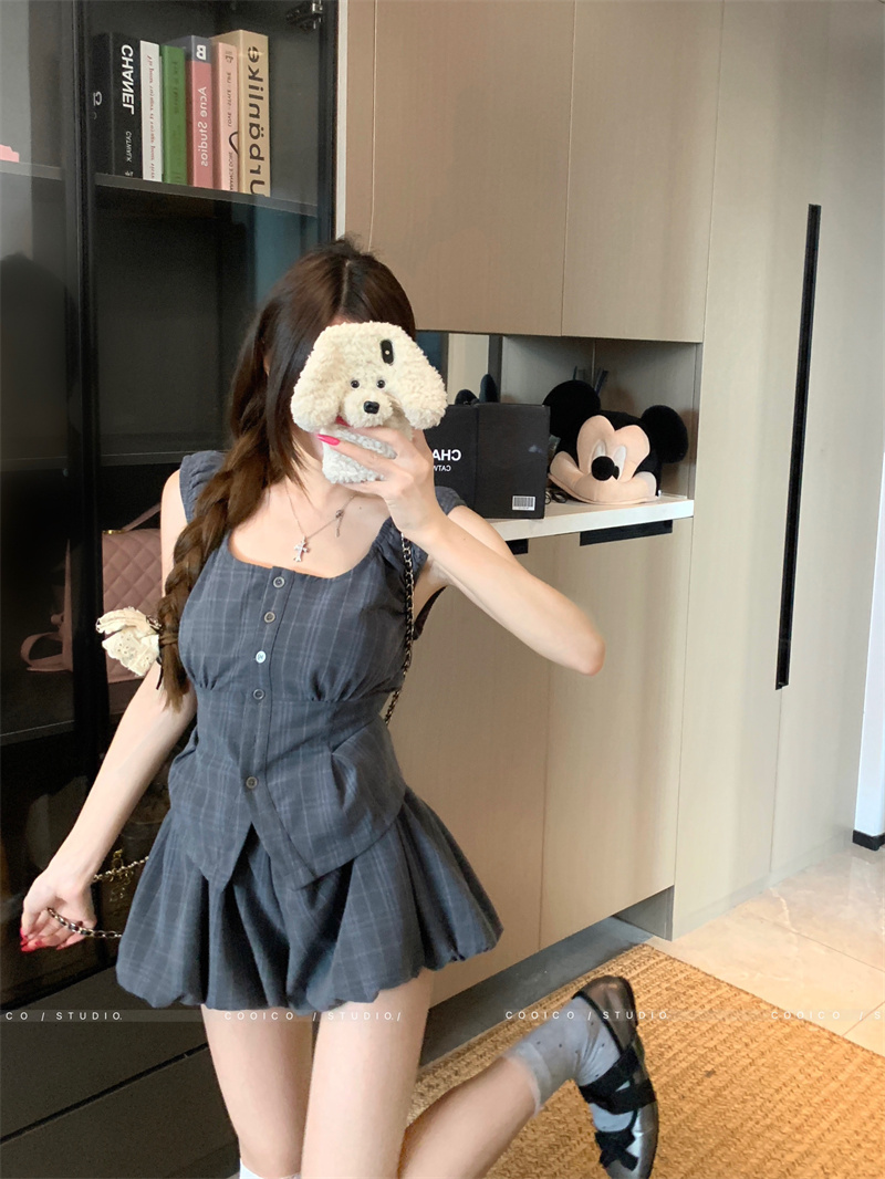 Retro Plaid Slim Top and Bubble Skirt Pants Two-Piece Set for Women - Image 2