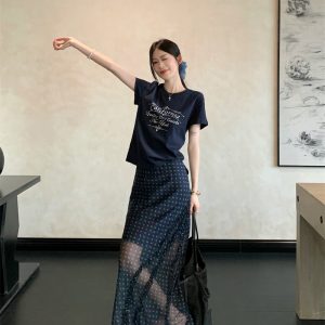 Women's Summer Two-Piece Set with Letter Print Short Sleeve T-Shirt and Mesh Spliced Skirt