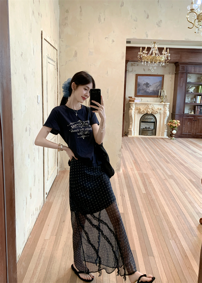 Women's Summer Two-Piece Set with Letter Print Short Sleeve T-Shirt and Mesh Spliced Skirt - Image 3