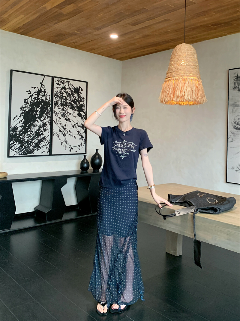 Women's Summer Two-Piece Set with Letter Print Short Sleeve T-Shirt and Mesh Spliced Skirt - Image 4