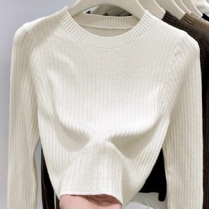 Women's Ribbed Knit Crew Neck Long Sleeve Slim Fit Pullover Sweater