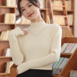 Women's Ruffle Trim Base Layer Knit Top 2026 Autumn Winter Half Turtleneck Long Sleeve