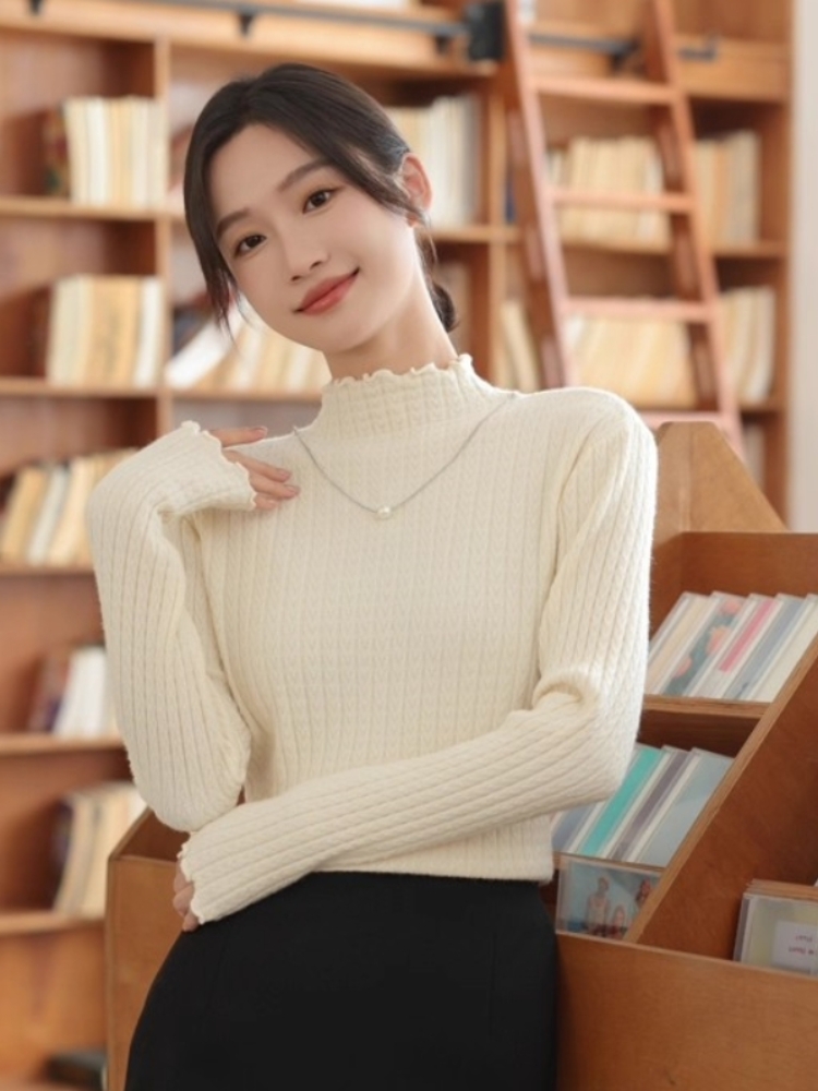 Women's Ruffle Trim Base Layer Knit Top 2026 Autumn Winter Half Turtleneck Long Sleeve