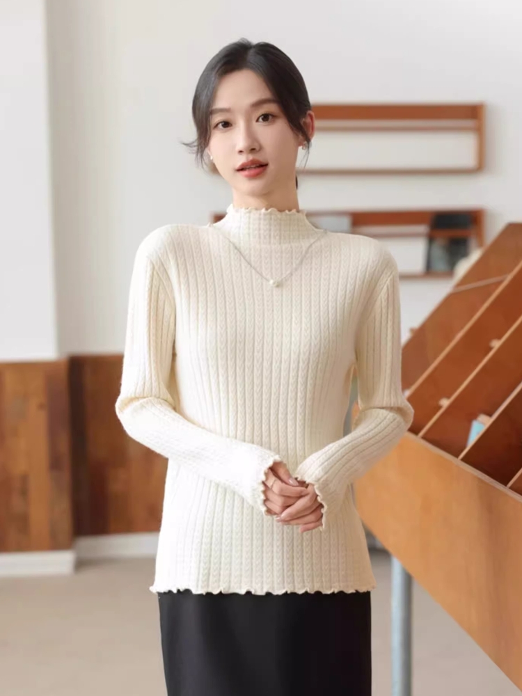Women's Ruffle Trim Base Layer Knit Top 2026 Autumn Winter Half Turtleneck Long Sleeve - Image 3