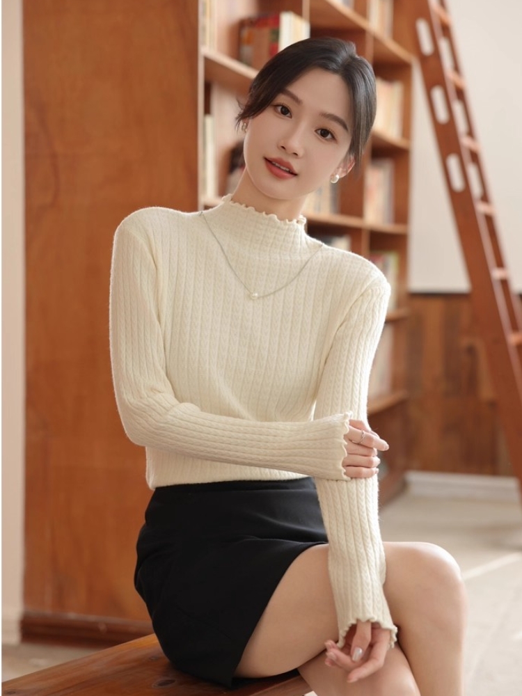 Women's Ruffle Trim Base Layer Knit Top 2026 Autumn Winter Half Turtleneck Long Sleeve - Image 4