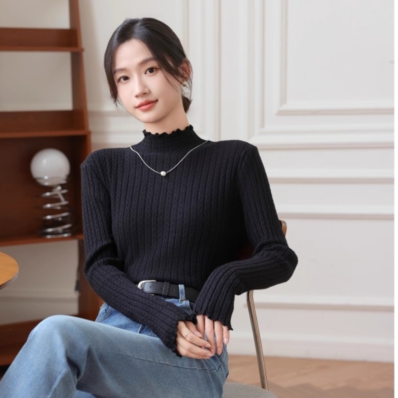 Women's Ruffle Trim Base Layer Knit Top 2026 Autumn Winter Half Turtleneck Long Sleeve - Image 5