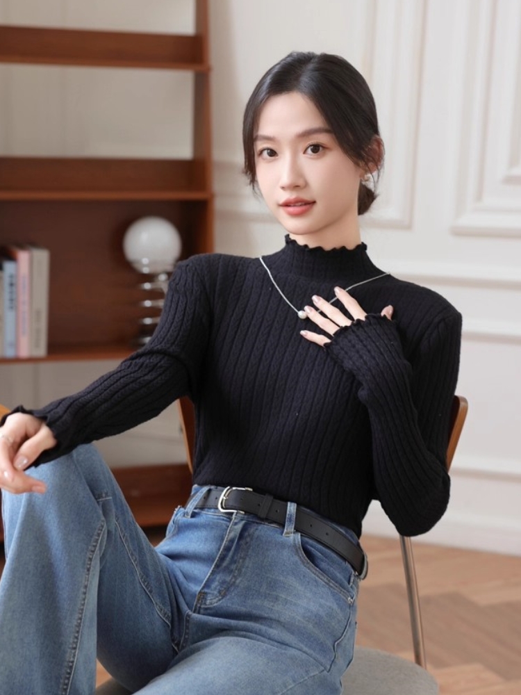 Women's Ruffle Trim Base Layer Knit Top 2026 Autumn Winter Half Turtleneck Long Sleeve - Image 2