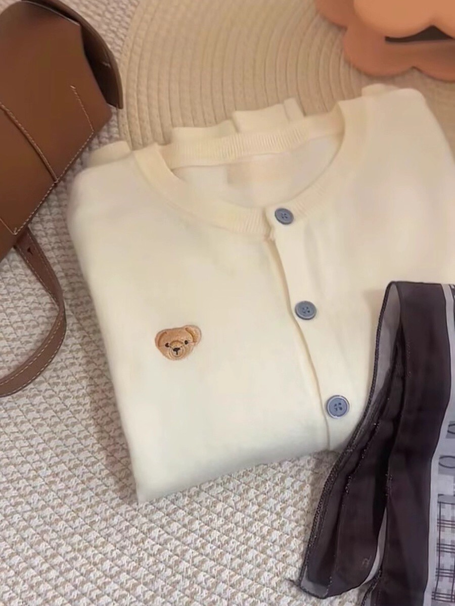 Women's Korean Style Soft Knit Cardigan with Bear Embroidery - Fall Winter Short Sweater Jacket - Image 2