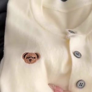 Women's Korean Style Soft Knit Cardigan with Bear Embroidery - Fall Winter Short Sweater Jacket