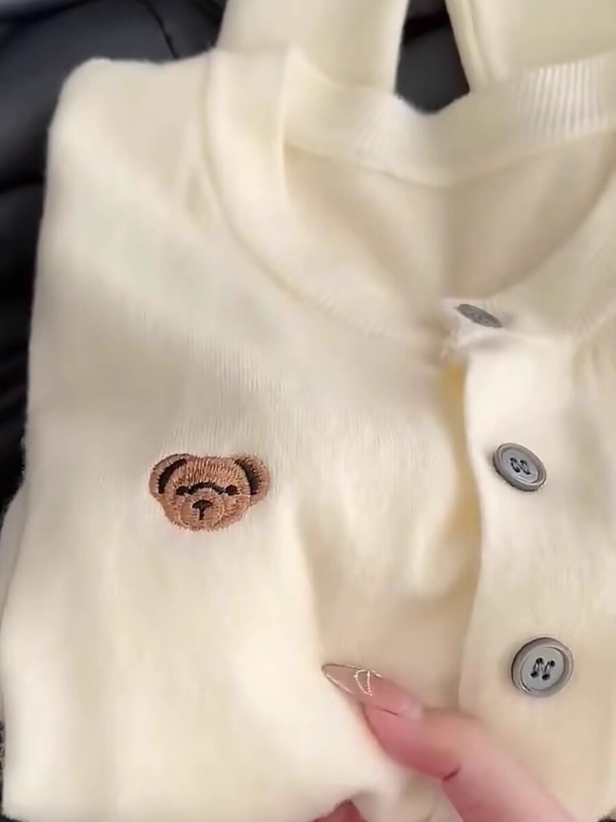 Women's Korean Style Soft Knit Cardigan with Bear Embroidery - Fall Winter Short Sweater Jacket