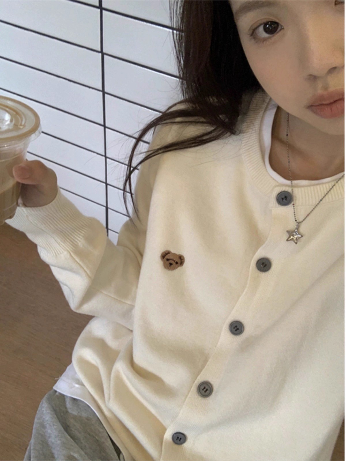 Women's Korean Style Soft Knit Cardigan with Bear Embroidery - Fall Winter Short Sweater Jacket - Image 3