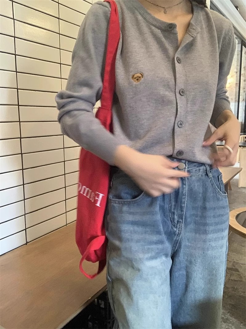 Women's Korean Style Soft Knit Cardigan with Bear Embroidery - Fall Winter Short Sweater Jacket - Image 4
