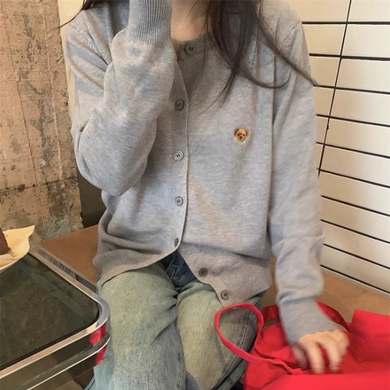 Women's Korean Style Soft Knit Cardigan with Bear Embroidery - Fall Winter Short Sweater Jacket - Image 5