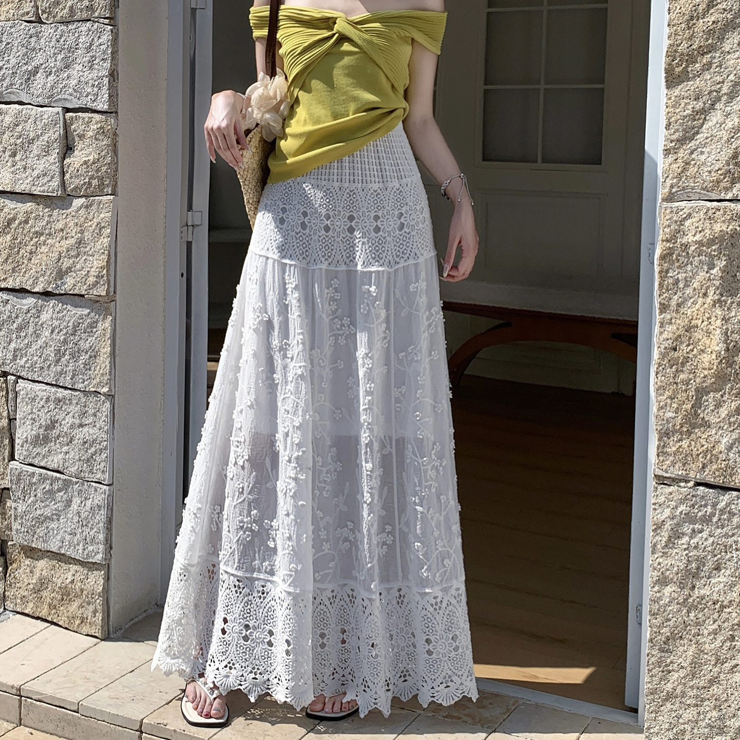 White Embroidered Lace High Waist A-Line Long Skirt for Women Summer Vacation - Image 2