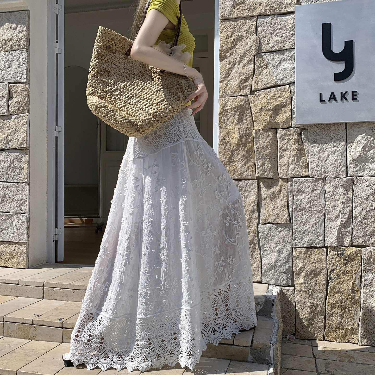 White Embroidered Lace High Waist A-Line Long Skirt for Women Summer Vacation - Image 3