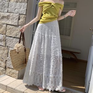 White Embroidered Lace High Waist A-Line Long Skirt for Women Summer Vacation