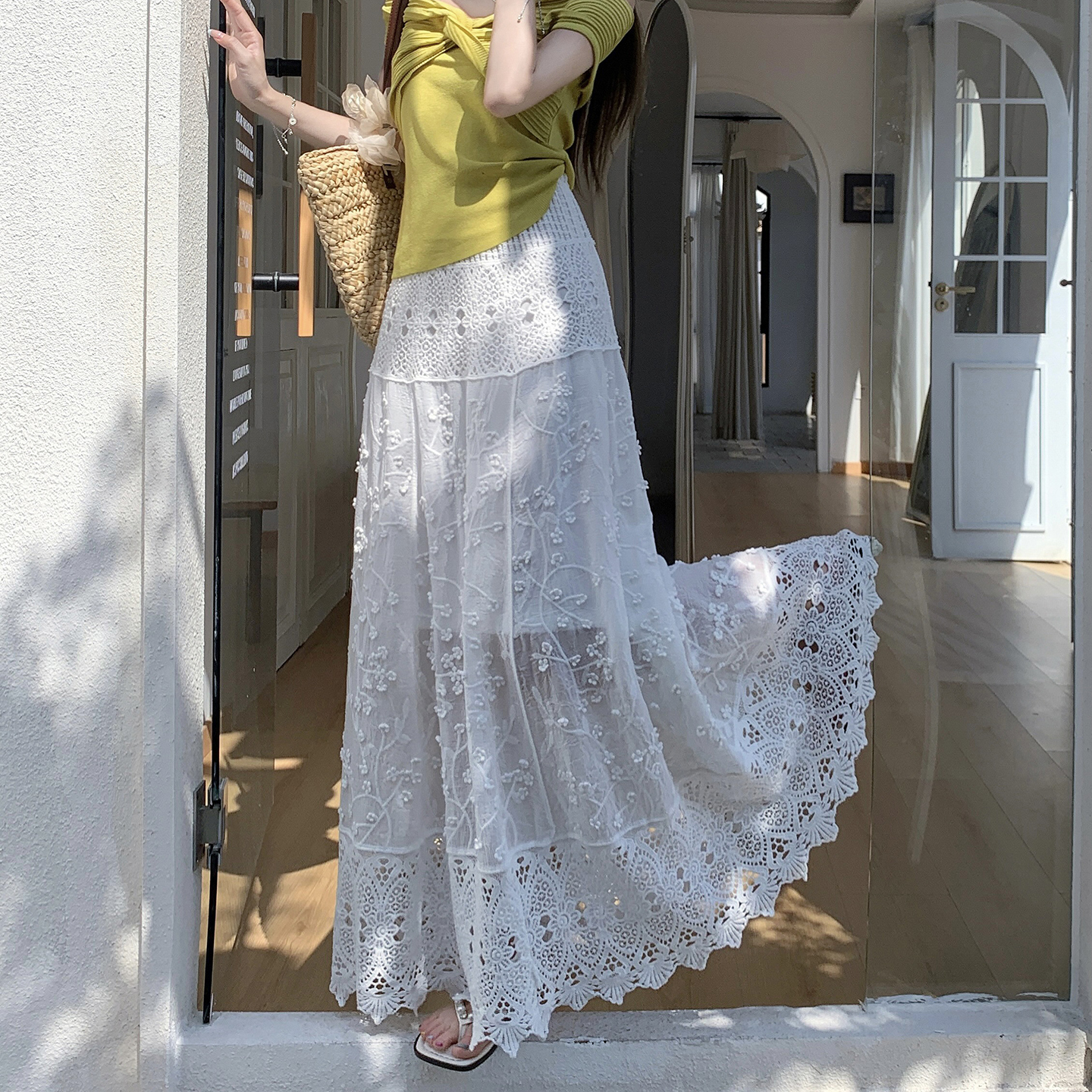 White Embroidered Lace High Waist A-Line Long Skirt for Women Summer Vacation - Image 4