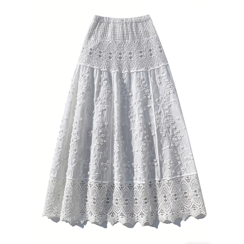 White Embroidered Lace High Waist A-Line Long Skirt for Women Summer Vacation - Image 5