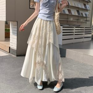 2026 Spring Summer A-Line Maxi Skirt with Irregular Lace Trim Plus Size Women's Design