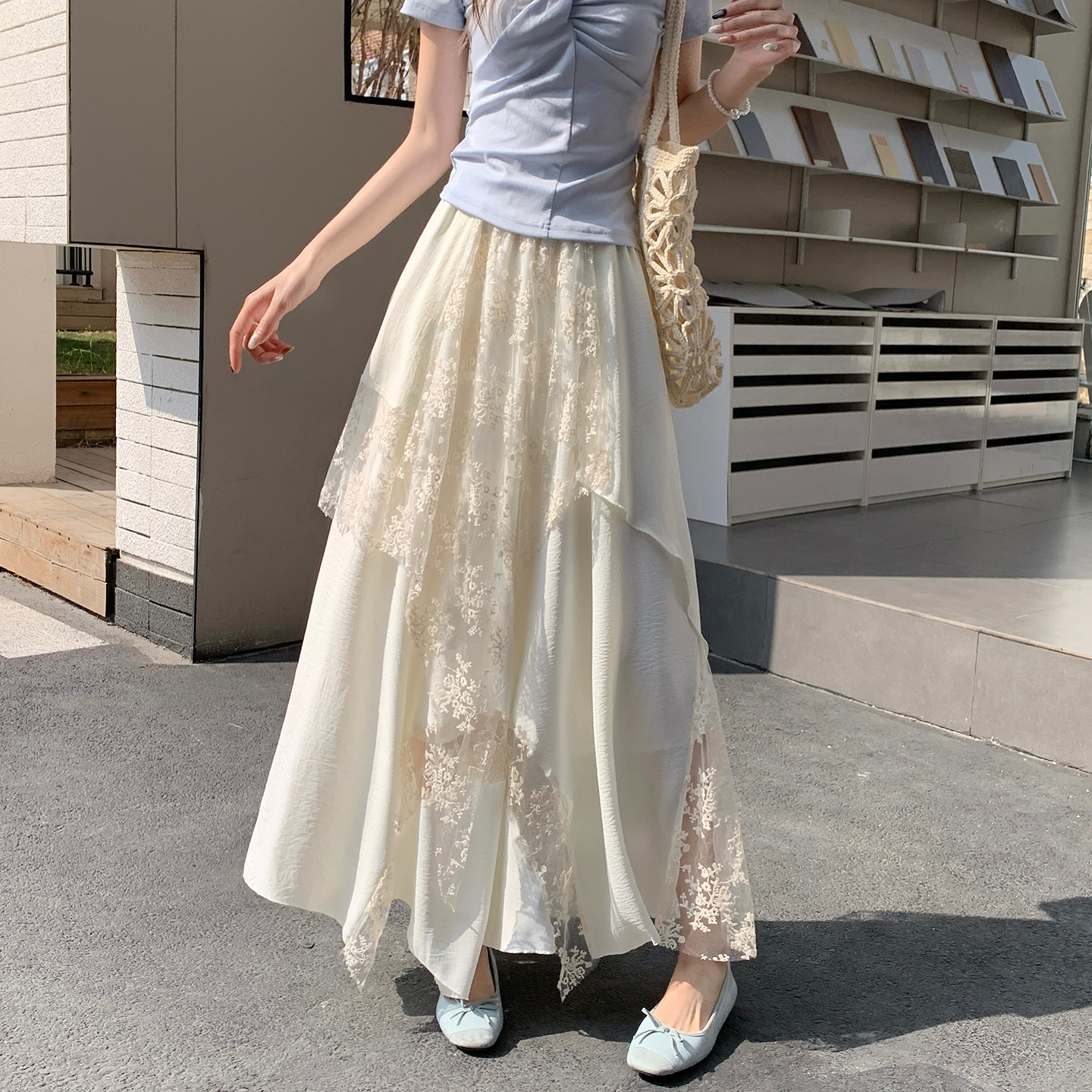 2026 Spring Summer A-Line Maxi Skirt with Irregular Lace Trim Plus Size Women's Design