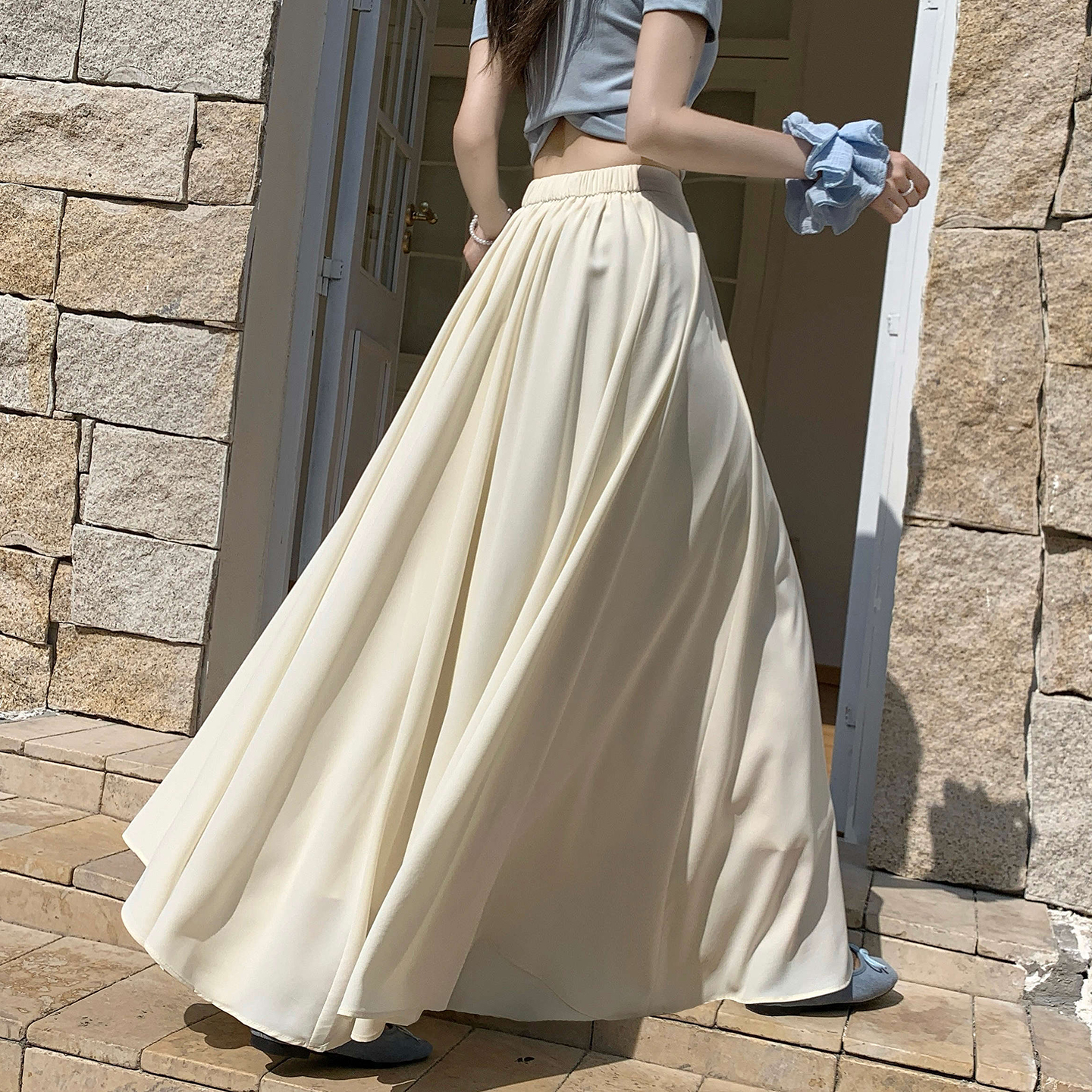 Korean Chiffon High Waist A-Line Pleated Midi Skirt for Women - Image 3