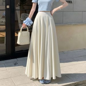 Korean Chiffon High Waist A-Line Pleated Midi Skirt for Women