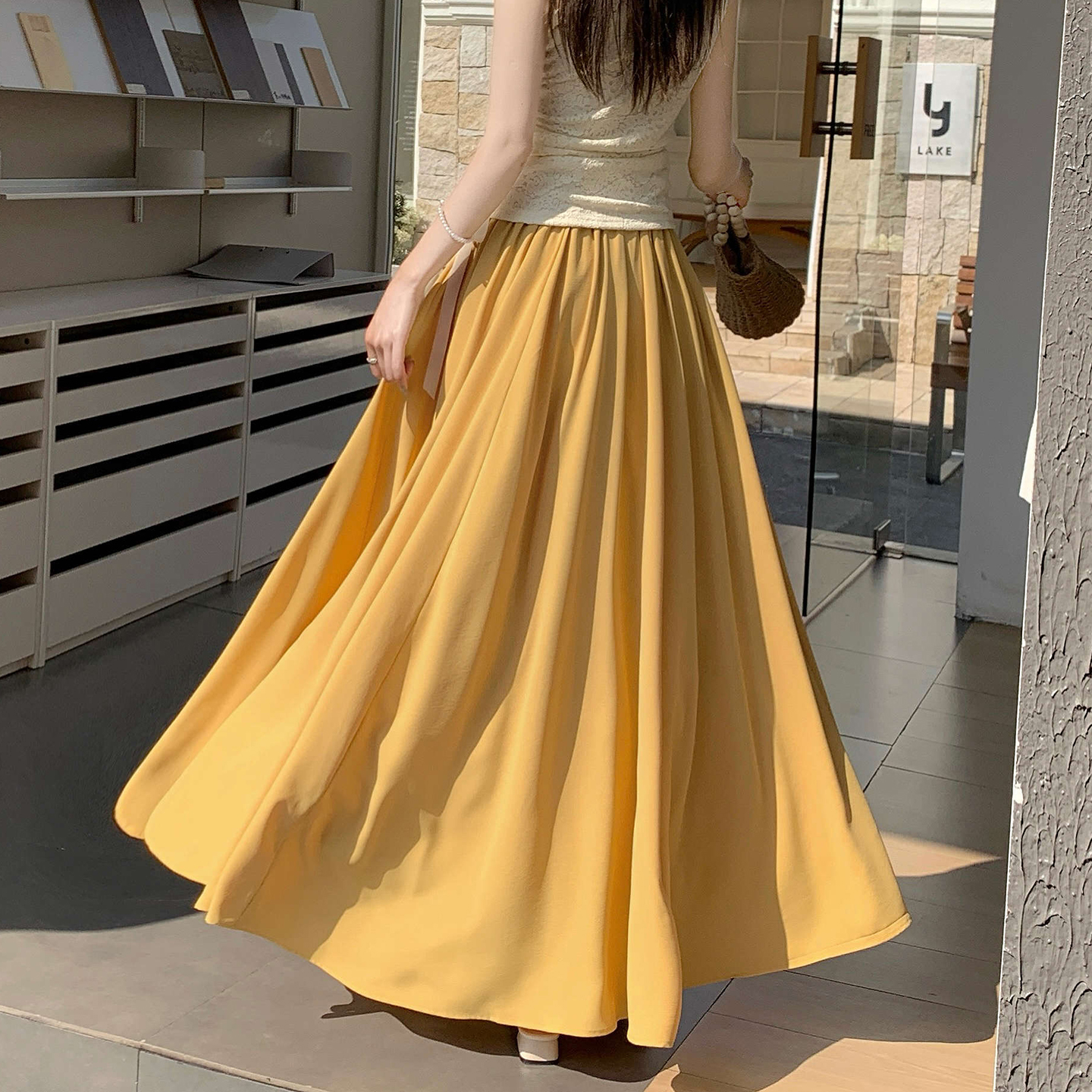 Korean Chiffon High Waist A-Line Pleated Midi Skirt for Women - Image 2