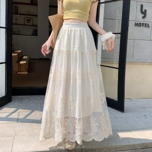 Embroidered Lace Long Skirt for Women Spring 2026 Elastic Waist A-Line Flared Tulle Skirt