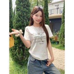 Women's Letter Rhinestone Short Sleeve T-Shirt Summer Loose Fit Commute Top