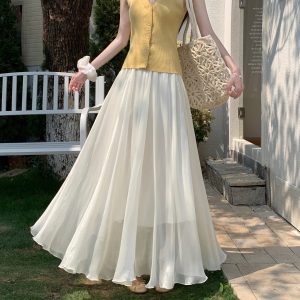Women's French Style Shimmering Pleated A-Line Mesh Skirt Summer Lightweight Flowy Long Skirt