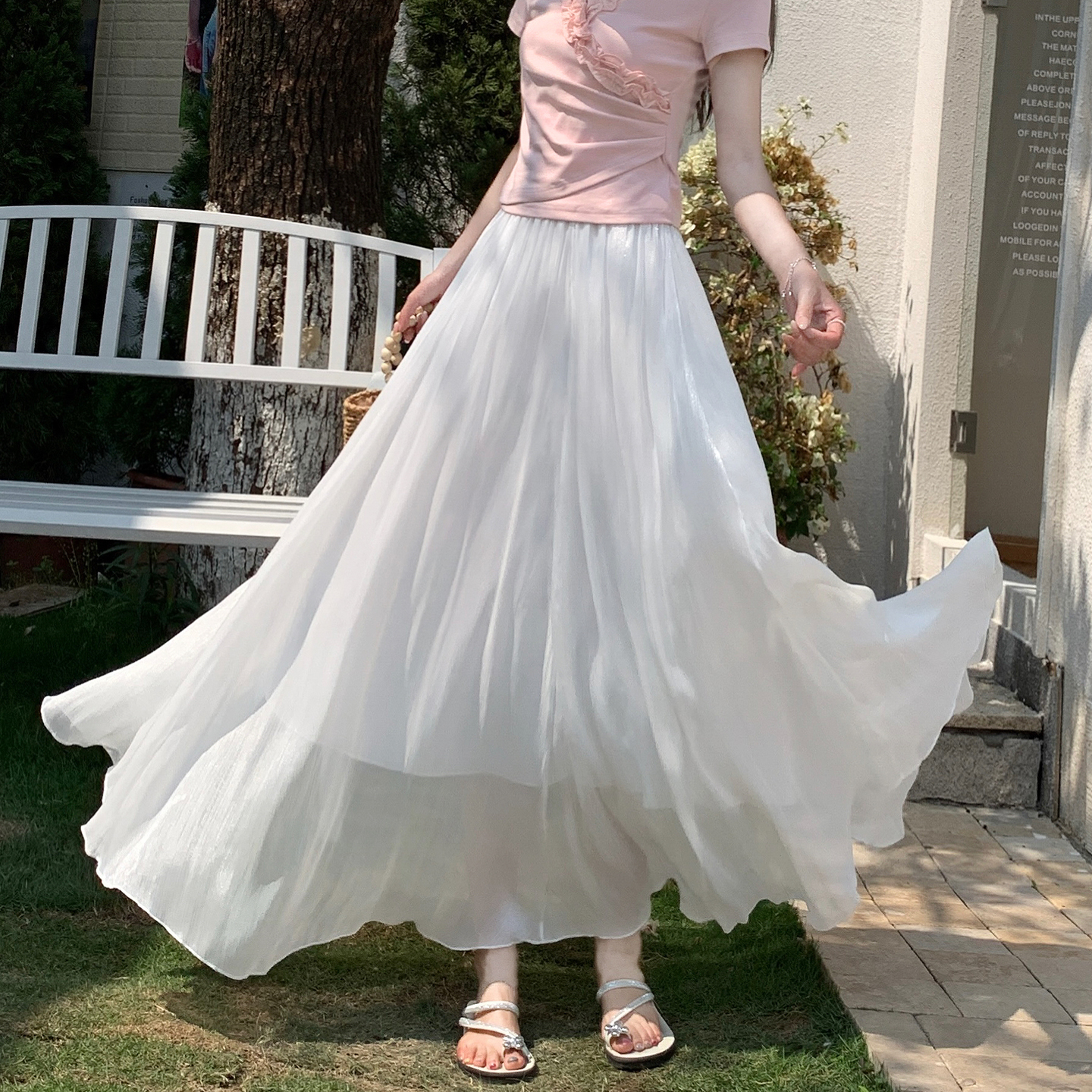 Women's French Style Shimmering Pleated A-Line Mesh Skirt Summer Lightweight Flowy Long Skirt - Image 2