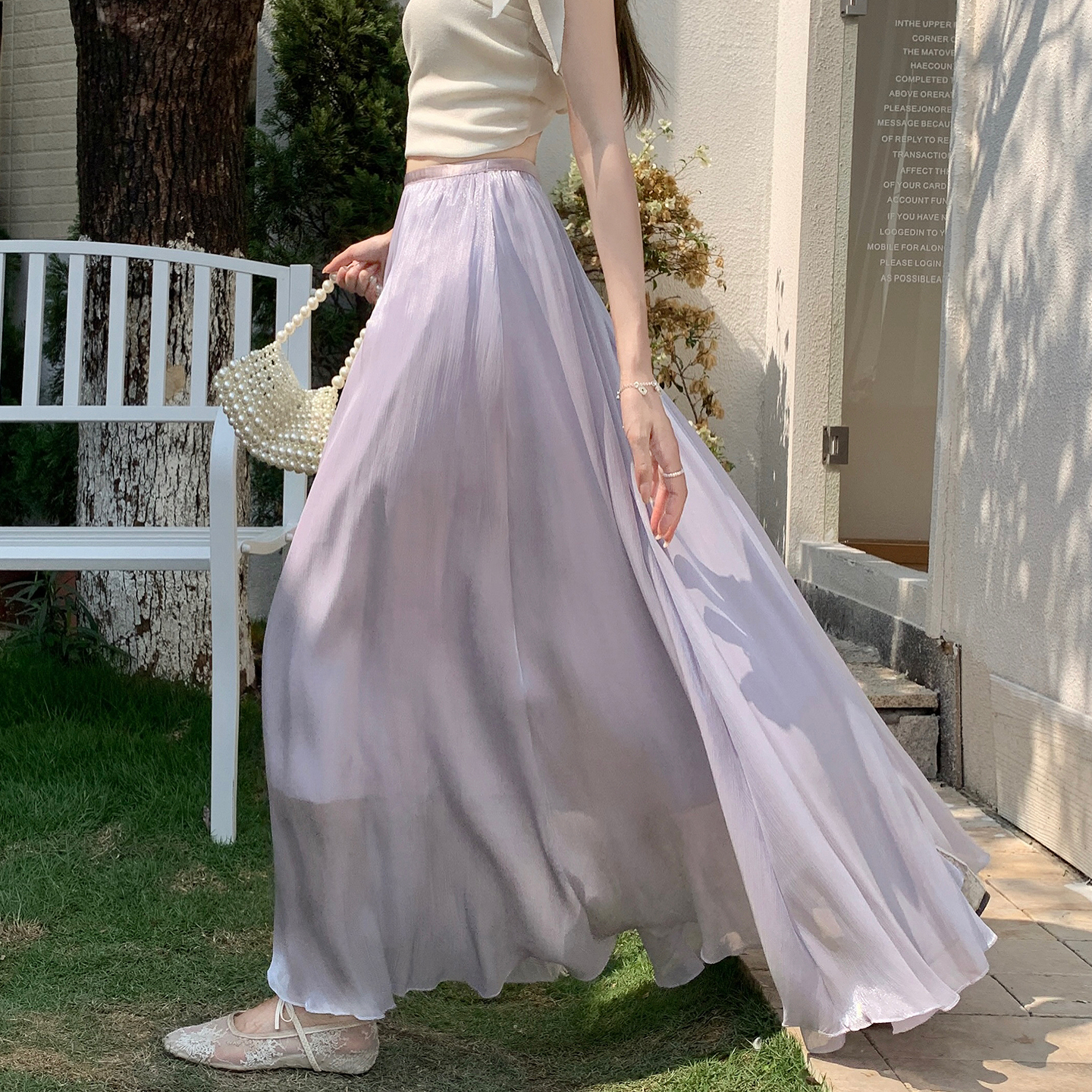 Women's French Style Shimmering Pleated A-Line Mesh Skirt Summer Lightweight Flowy Long Skirt - Image 3