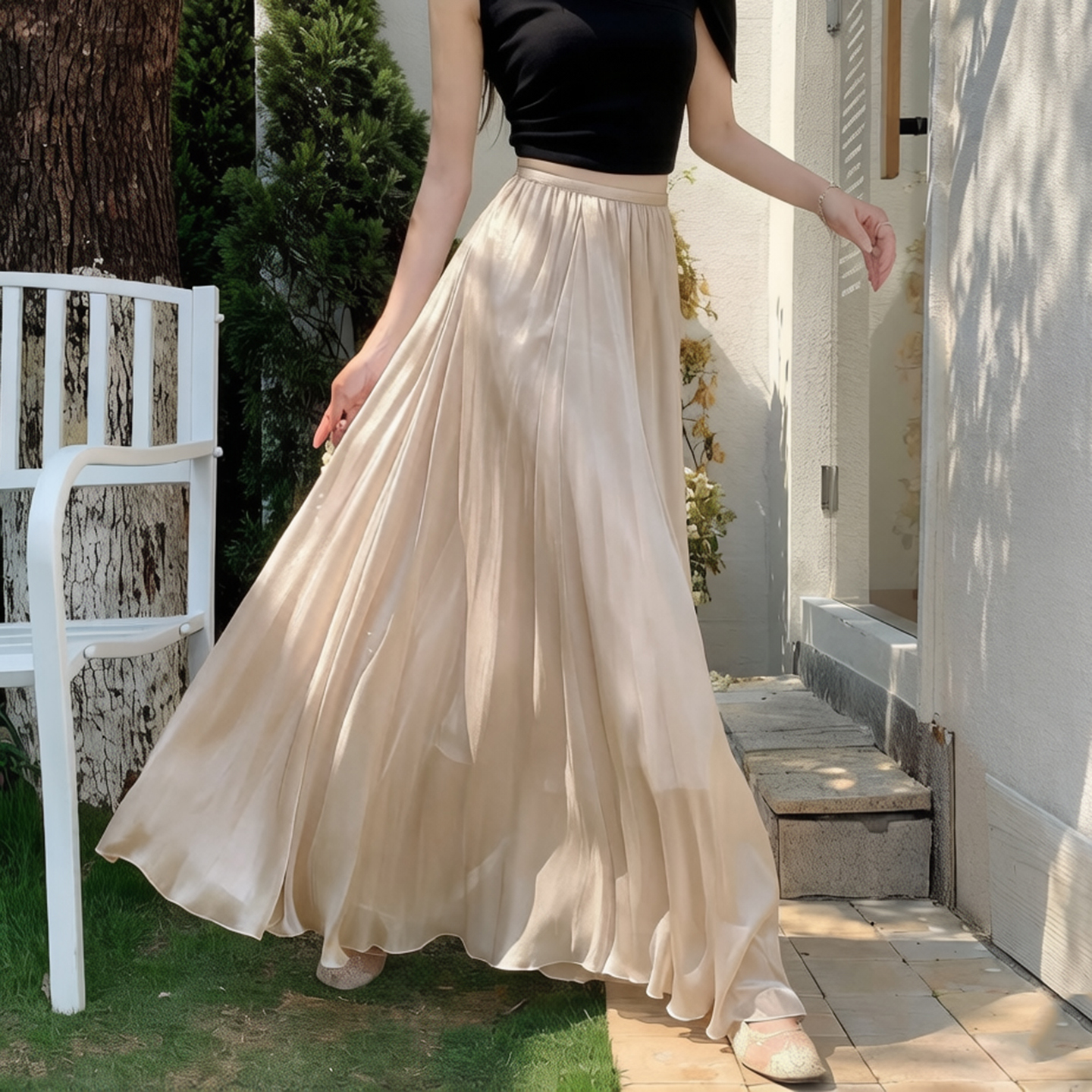 Women's French Style Shimmering Pleated A-Line Mesh Skirt Summer Lightweight Flowy Long Skirt - Image 4