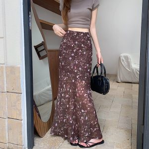 Light Luxury Coffee Floral High Waist Mermaid Skirt 2026 Summer Slimming