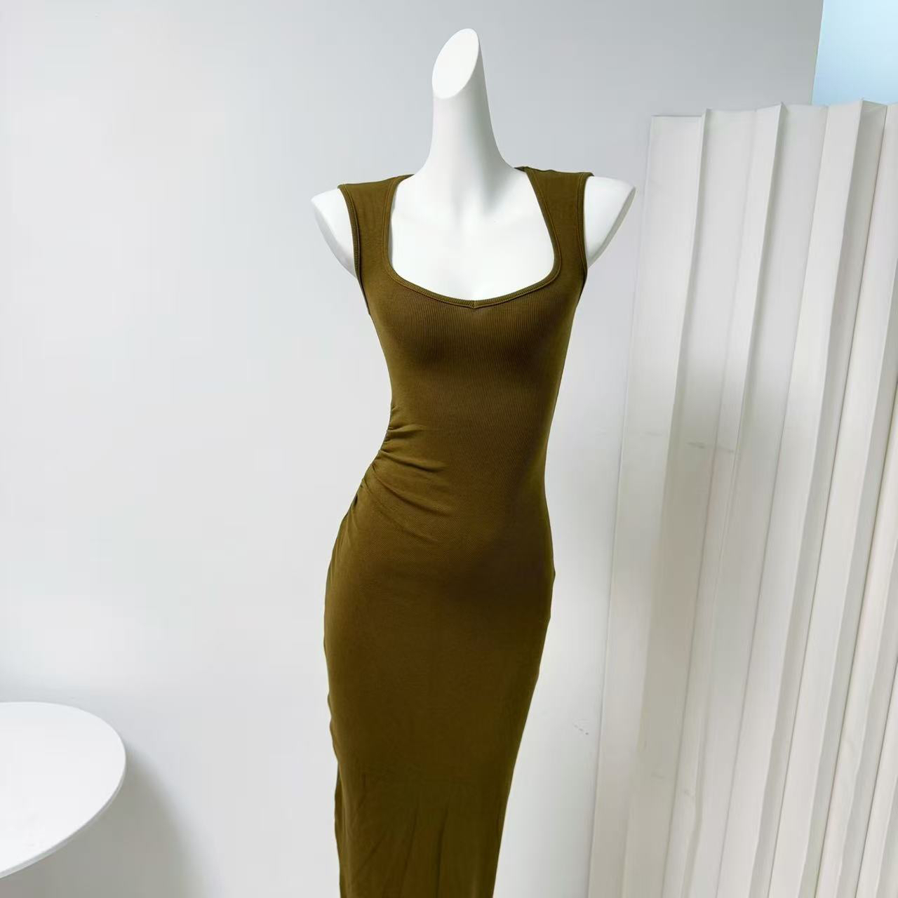 Fart Shop Thailand Holiday Olive Green Wide Strap Ribbed Dress Women Spring Summer Long Dress - Image 2