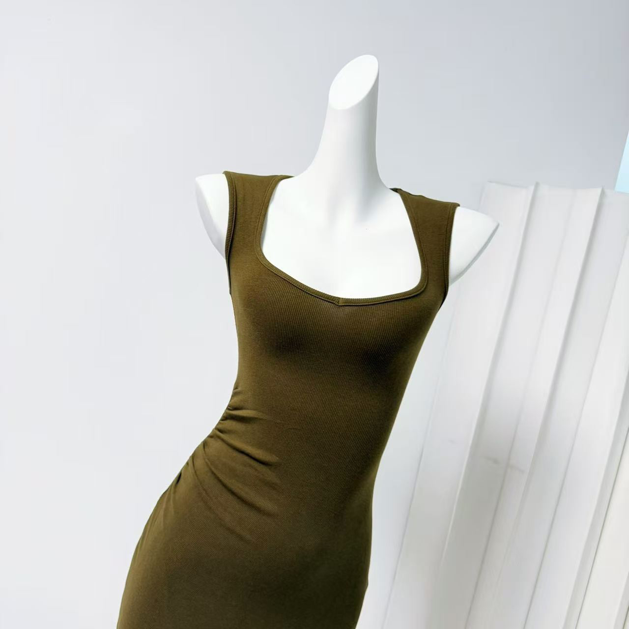Fart Shop Thailand Holiday Olive Green Wide Strap Ribbed Dress Women Spring Summer Long Dress - Image 3