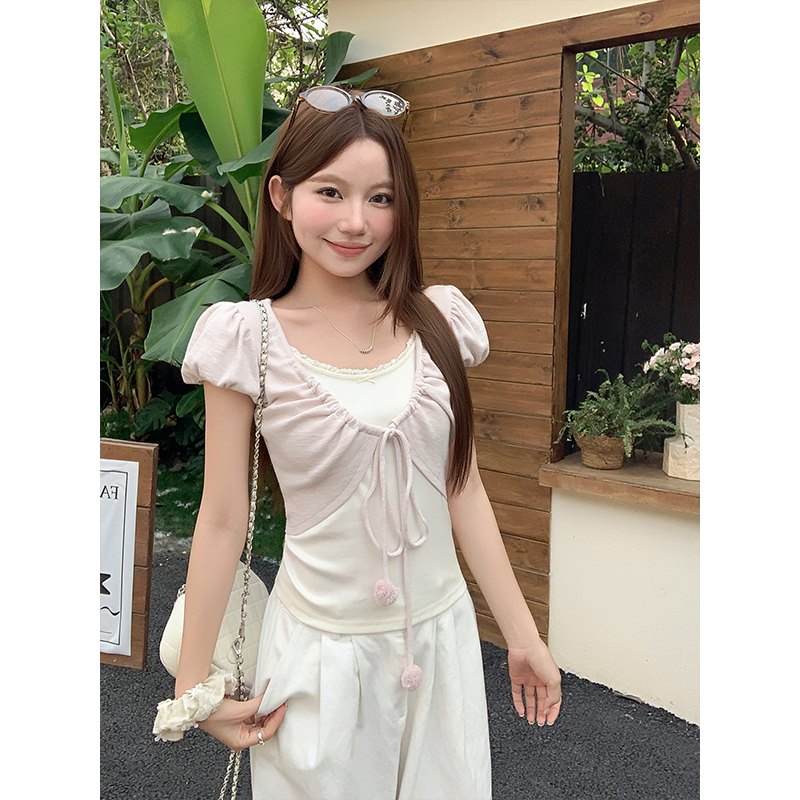 Korean Style Faux Two-Piece Short Sleeve T-Shirt for Women Summer Slim Fit Top with Tie Detail