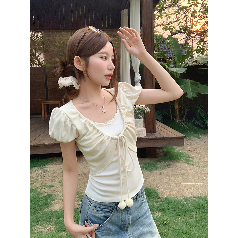 Korean Style Faux Two-Piece Short Sleeve T-Shirt for Women Summer Slim Fit Top with Tie Detail - Image 2