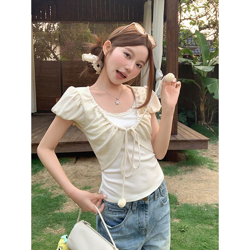 Korean Style Faux Two-Piece Short Sleeve T-Shirt for Women Summer Slim Fit Top with Tie Detail - Image 3
