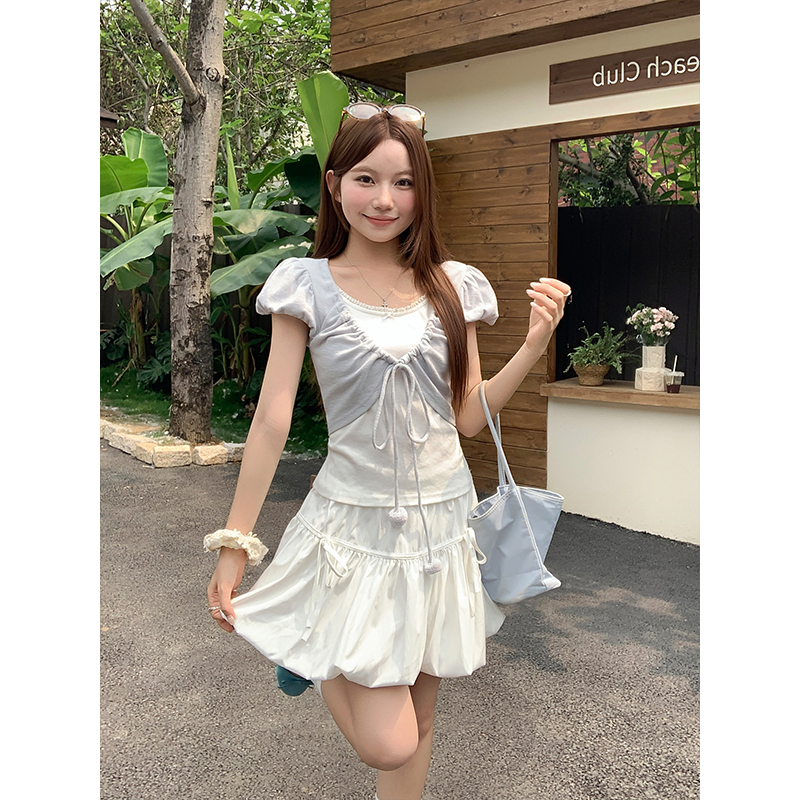 Korean Style Faux Two-Piece Short Sleeve T-Shirt for Women Summer Slim Fit Top with Tie Detail - Image 4