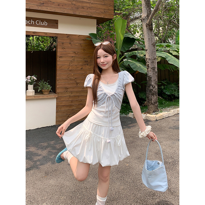 Korean Style Faux Two-Piece Short Sleeve T-Shirt for Women Summer Slim Fit Top with Tie Detail - Image 5