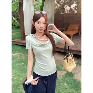 Women's Gentle Cowl Neck Short Sleeve T-Shirt 2026 Summer Beaded Drawstring Slim Fit