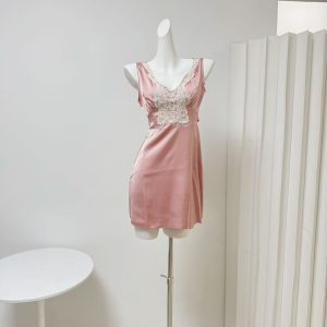 Sleeveless Pearl Satin Lace Dress in Grapefruit Pink and Pear Yellow
