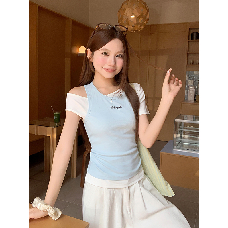 Pure Desire Style Two-Piece Off-Shoulder T-Shirt for Women Summer New Korean Slimming Crop Top Set