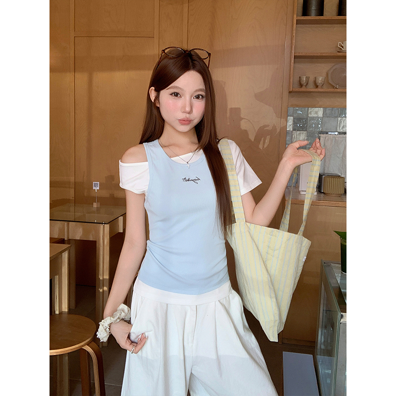 Pure Desire Style Two-Piece Off-Shoulder T-Shirt for Women Summer New Korean Slimming Crop Top Set - Image 2