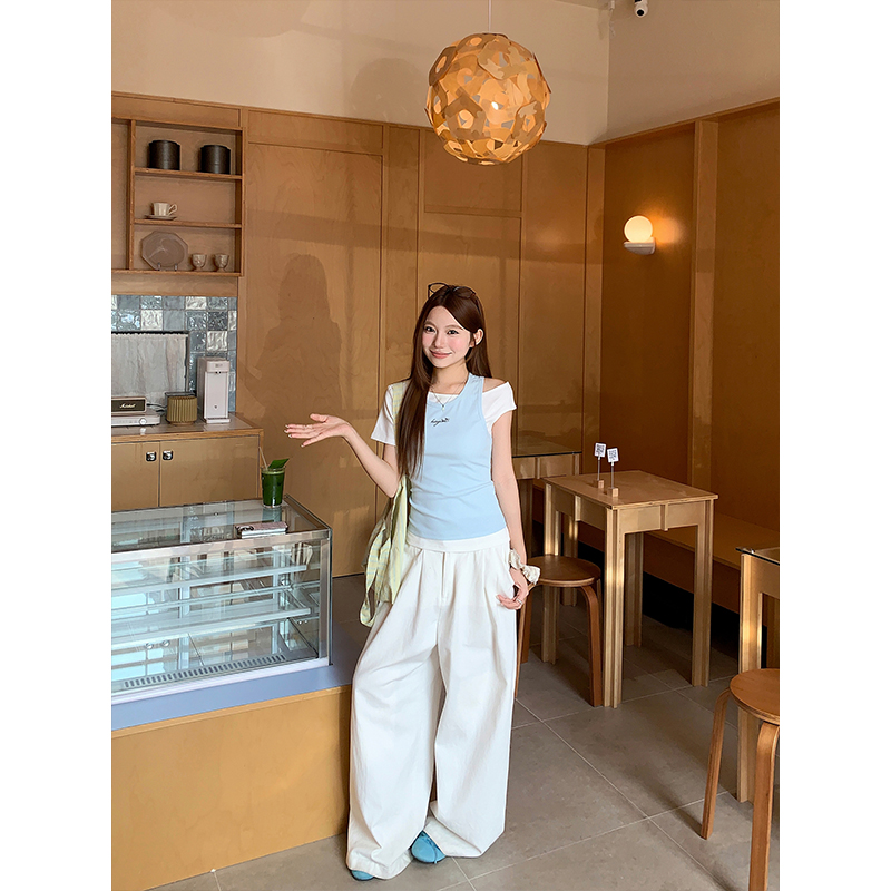 Pure Desire Style Two-Piece Off-Shoulder T-Shirt for Women Summer New Korean Slimming Crop Top Set - Image 3