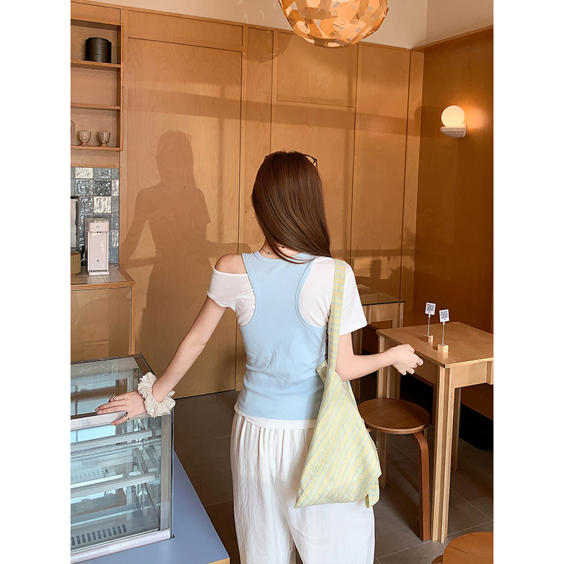 Pure Desire Style Two-Piece Off-Shoulder T-Shirt for Women Summer New Korean Slimming Crop Top Set - Image 4