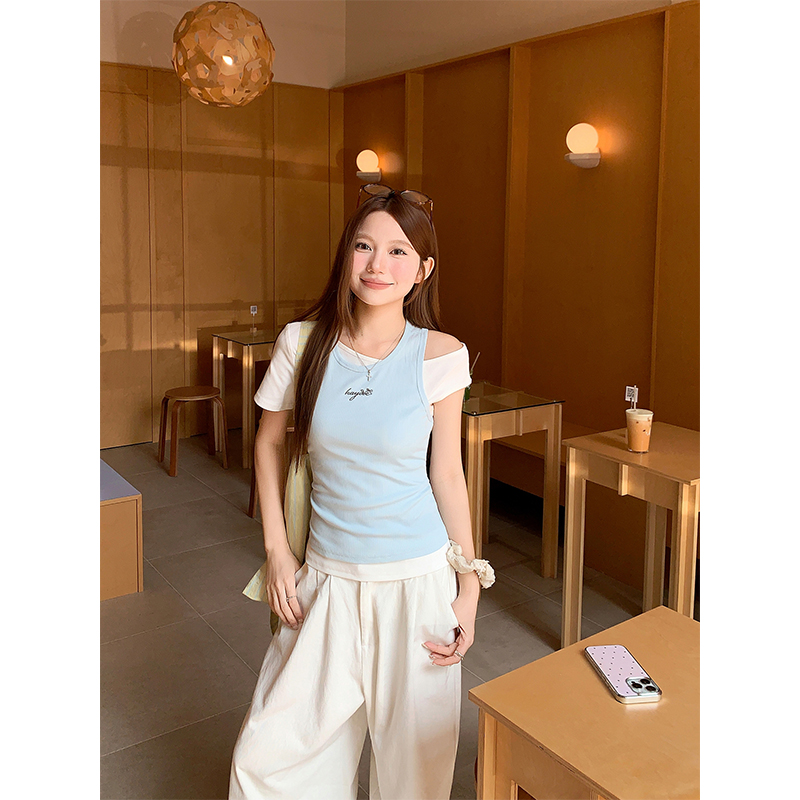 Pure Desire Style Two-Piece Off-Shoulder T-Shirt for Women Summer New Korean Slimming Crop Top Set - Image 5